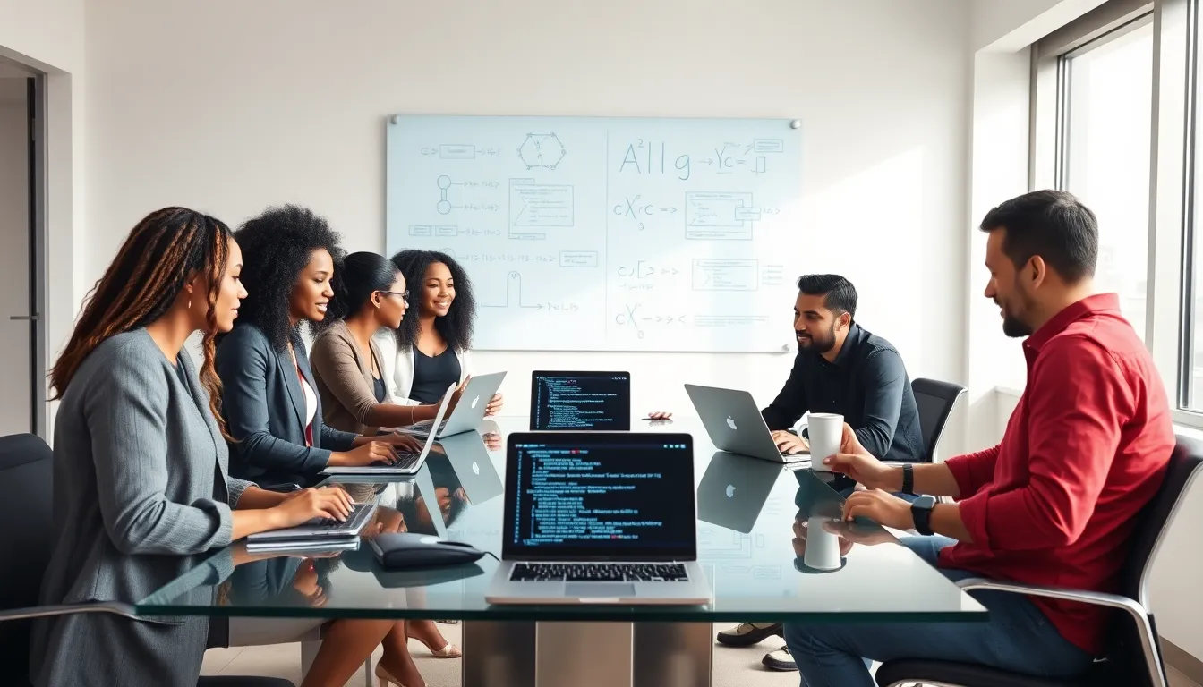 professionals discussing Alg language in a modern office.