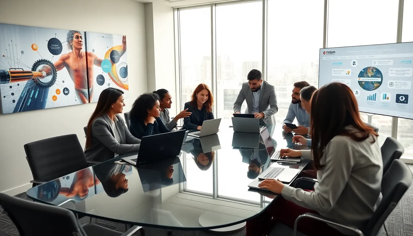 diverse team brainstorming technological innovations in a modern conference room.