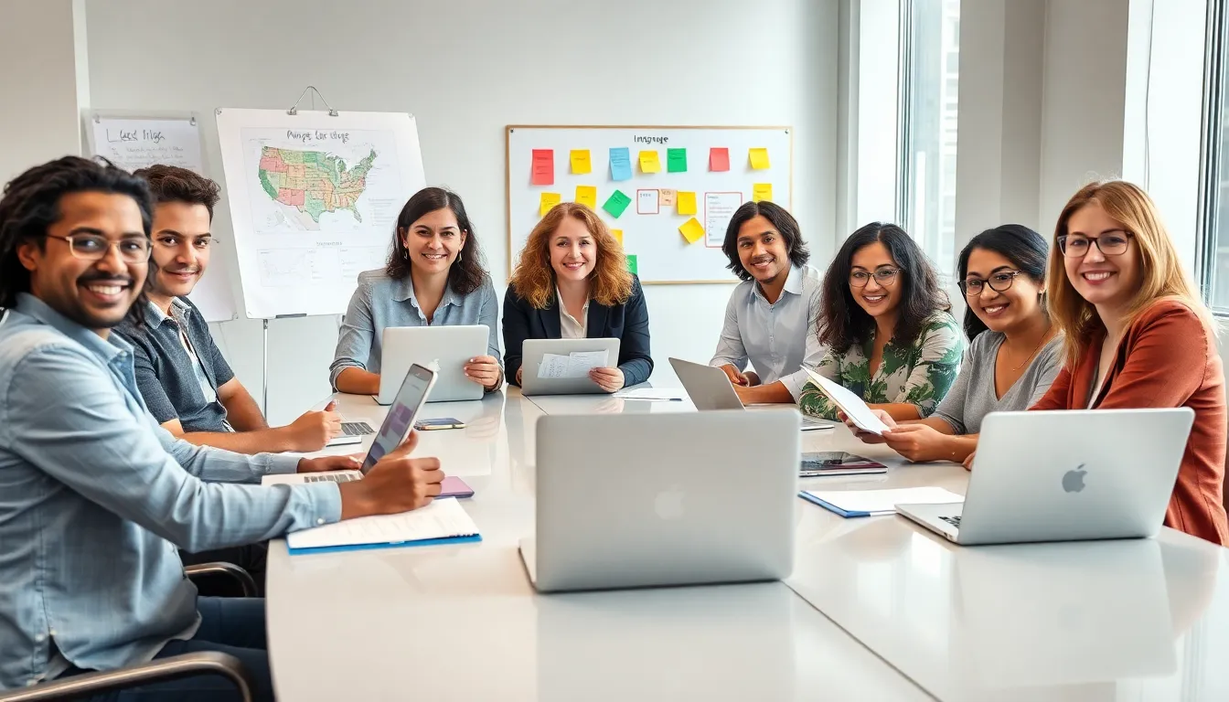 diverse professionals learning a new language in a modern office.