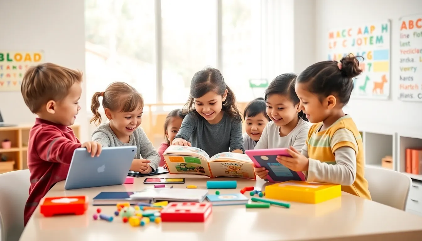 children engaged in language learning activities in a bright classroom.
