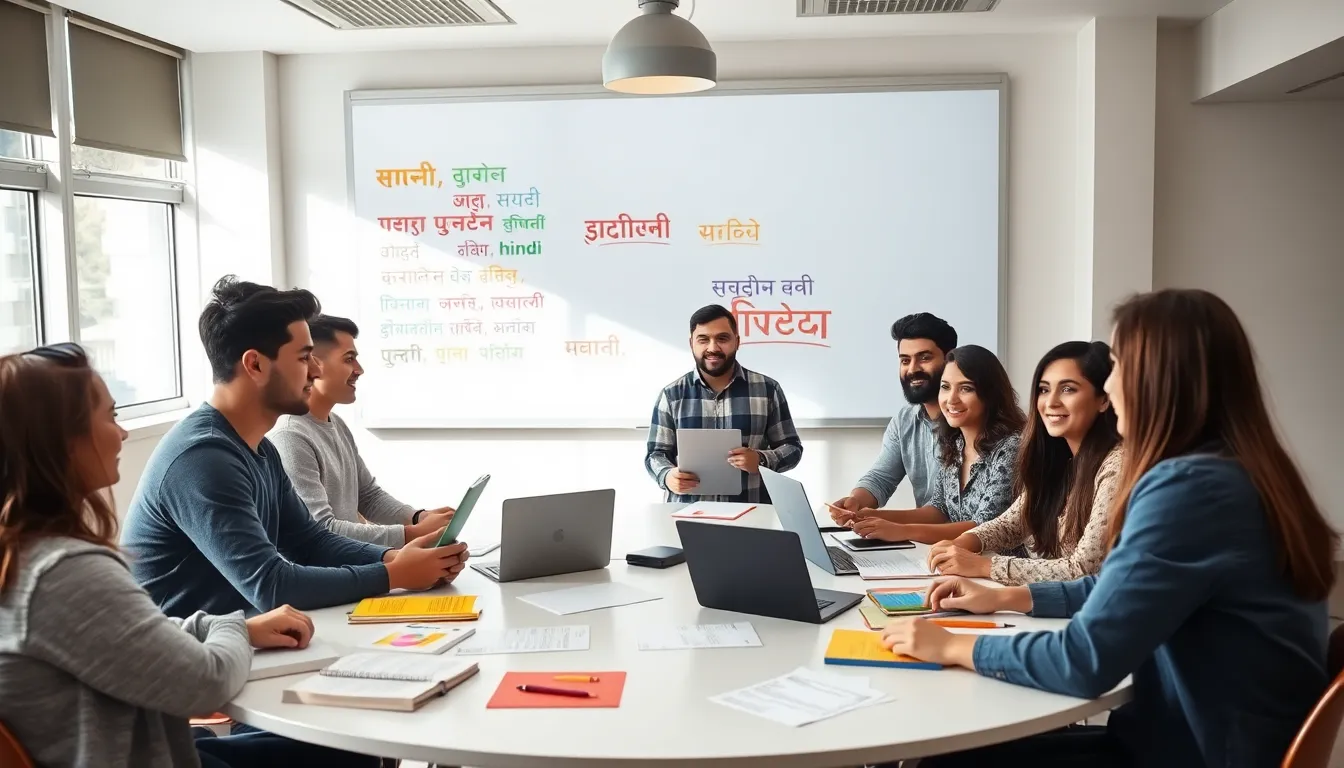 diverse group learning Hindi in a modern classroom setting.