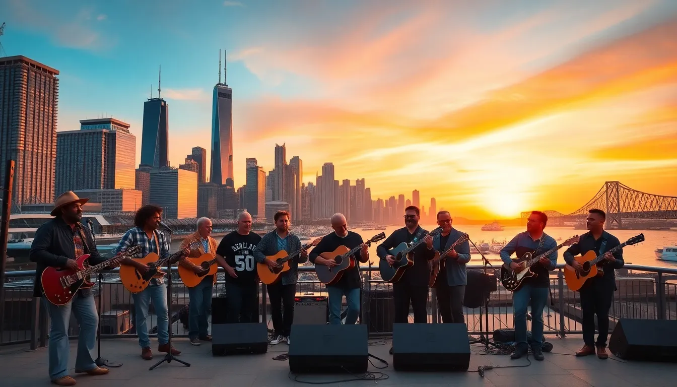 musicians performing in front of the Chicago skyline at sunset.
